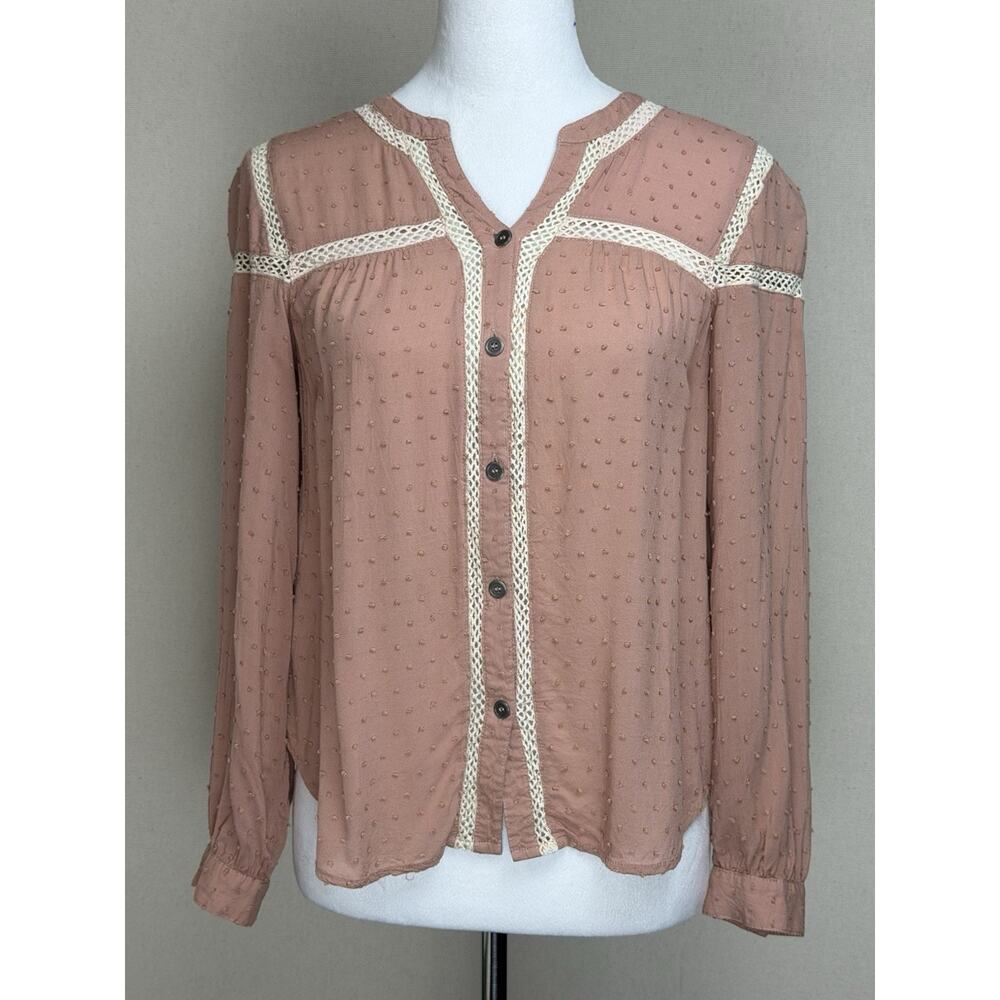APEACH‎ Women's Top Blouse Sz Small Mauve Textured Lace Trim Long Sleeve Peasant